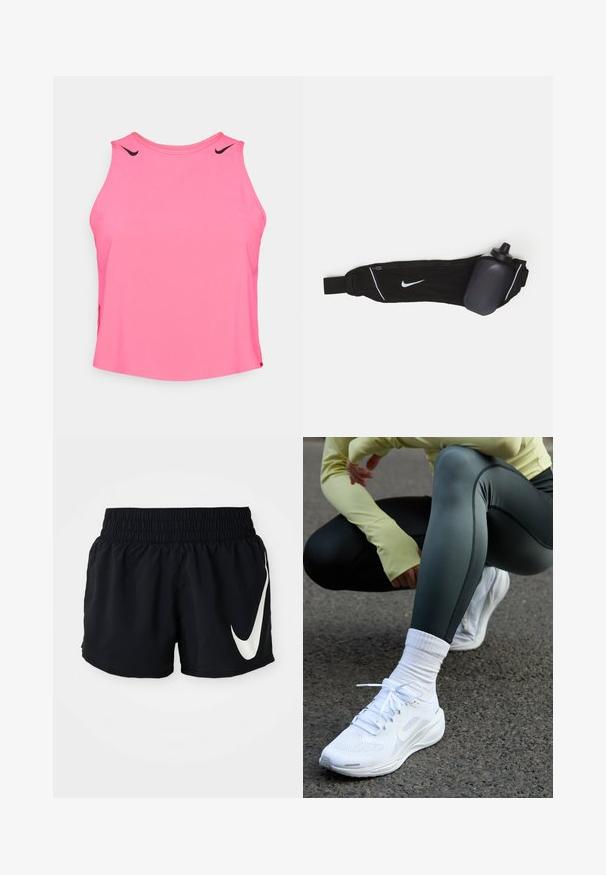 Top atletico senza maniche rosa, tessuto morbido, scollatura rotonda, con dettagli neri del logo Nike sulle spalle, vestibilità comoda.; Pantaloni sportivi neri con cintura elastica, caratterizzati da un grande logo Nike bianco sul davanti e un tessuto morbido e leggero.; Scarpe da ginnastica bianche con tomaia in rete, lacci piatti e suola ammortizzata, abbinate a leggings verde scuro e una maglietta a maniche lunghe gialla chiara.; Cintura per bottiglia d'acqua nera con cinturino regolabile, caratterizzata da un logo Nike bianco, un portabottiglie d'acqua grigio e cuciture di accento bianche.