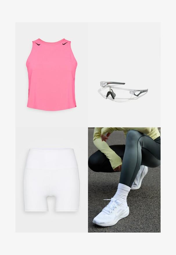 Lyserød ærmeløs træningstop, blød stof, rund udskæring, med sorte Nike swoosh detaljer på skuldrene, afslappet pasform.; Hvide højtaljede shorts lavet af strækstof. Har en glat tekstur og en tætsiddende design, uden yderligere mønstre eller hardware.; Hvide sportssko med mesh-overdel, flade snørebånd og polstret sål, parret med mørkegrønne leggings og en lysegul langærmet top.; Klare sikkerhedsbriller med en letvægts, gennemsigtig stel og grå accenter. Har et omsluttende design og justerbar næsepude.