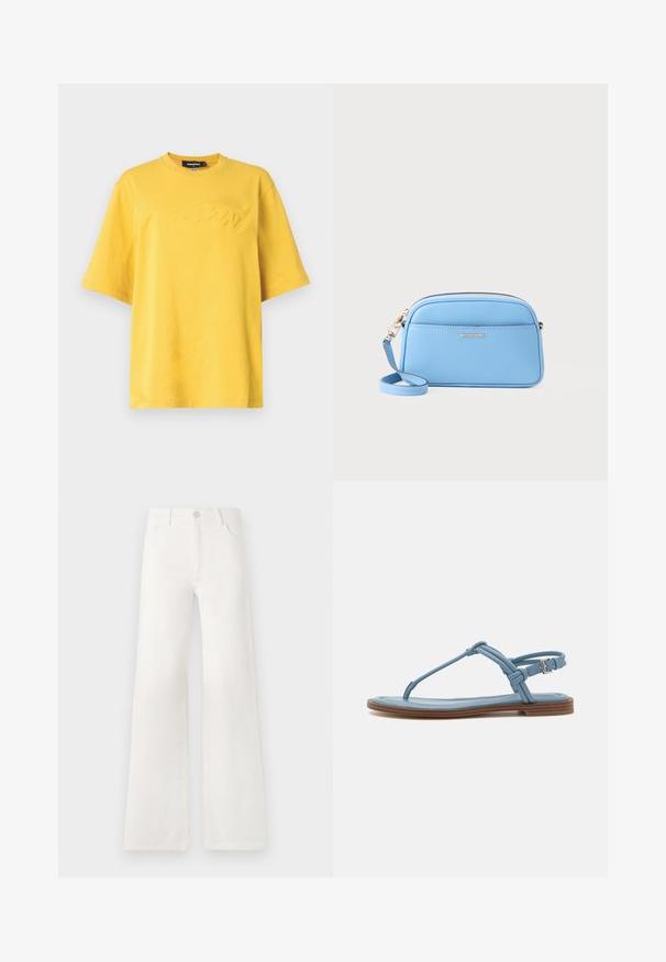 Camiseta de algodón amarilla con cuello redondo, mangas cortas y detalle de logo en relieve en el frente. Textura suave y diseño de corte relajado.; Jeans blancos de tiro alto y pierna ancha, confeccionados en denim. Cuentan con un cierre de botón, dos bolsillos frontales y costuras con detalles en las costuras laterales.; Sandalia de dedo de cuero azul con suela plana, que presenta un diseño de tiras delgadas y un cierre de hebilla en el tobillo para un ajuste seguro.; Bolso cruzado de cuero azul claro con herrajes en tono dorado, cierre de cremallera y un bolsillo frontal. cuenta con una correa ajustable para mayor comodidad.