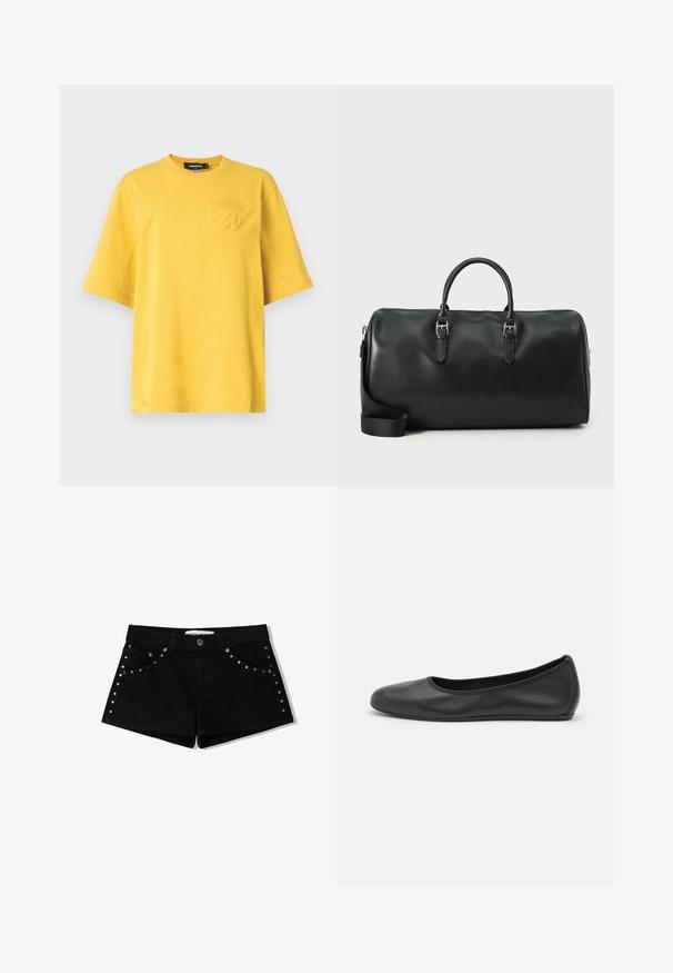 Žluté bavlněné tričko s kulatým výstřihem, krátkými rukávy a embosovaným logem v přední části. Měkká textura a volný střih.; Černé džíny šortky s zapínáním na knoflík, které mají na předních kapsách a bočních švech zdobení hroty. Krátká délka a klasický střih.; Černé kožené baletní byty s kulatou špičkou, hladkou texturou, minimálními švy a flexibilním designem podrážky.; Černá kožená cestovní taška s dvojitými uchy, stříbrnými detaily a nastavitelným ramenním popruhem. Hladký povrch s uzavíráním na zip.