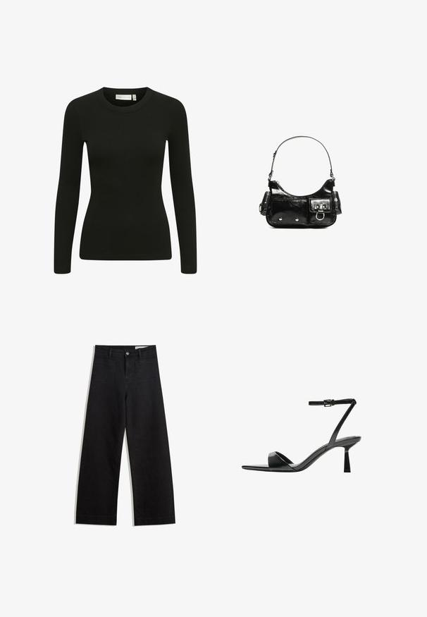 Fekete, hosszú ujjú, bordázott felső kerek dekoltázzsal és testhez simuló kialakítással. Az anyag puhanak tűnik, enyhe rugalmassággal és finom textúrával.; Fekete, bő szabású farmernadrág magas derékkal, elülső és hátsó zsebekkel, varrott felületekkel és gombos záródással. Sima textúra.; Bershka Magas sarkú szandálok - black; Fekete lakkbőr kézitáska ívelt formával, egy vállpánttal, elülső zsebekkel és ezüstszínű fémrészletekkel.