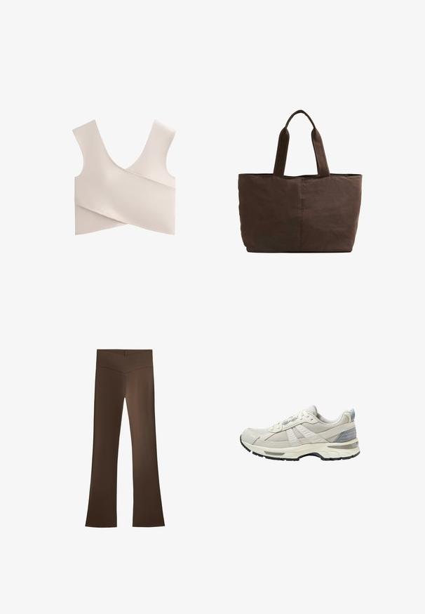 Mjuk, beige bralette med V-ringning, breda remmar och en inslagningdesign. Tillverkad av stretchigt material med släta, minimala sömmar.; Bruna utsvängda byxor med hög midja som har en korsdesign. Tillverkade av ett mjukt, elastiskt material för komfort och passform.; Beige sportskor med texturerad mesh-överdel och släta detaljer. Har en vadderad sula, förstärkt tå och svart gummiyttersula.; Brun tygväska med två kraftiga handtag, rektangulär form, minimala sömnadsdetaljer och en slät yta.