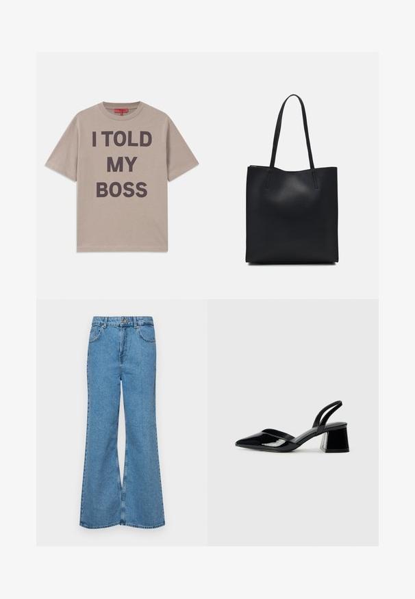 Bež majica od pamuka, kratki rukavi, okrugli izrez, s masivnim tamnim tekstom: "REKAO SAM SVOJIM ŠEFU" istaknutim na prednjoj strani.; Svijetloplave traperice s flared nogavicama, visokog struka, s pet džepova i jednim dugmetom za zatvaranje. Mekani materijal s izblijedjelim izgledom.; Crne lakirane kožne sandale s otvorenom petom i špicastim vrhom, s geometrijskom blok petom. Imaju elegantan, minimalistički dizajn i glatku teksturu.; Crna kožna torba za nošenje s glatkom teksturom, pravokutnim oblikom i dvije duge ručke. Nema vidljivih metalnih dijelova ili ukrasa.