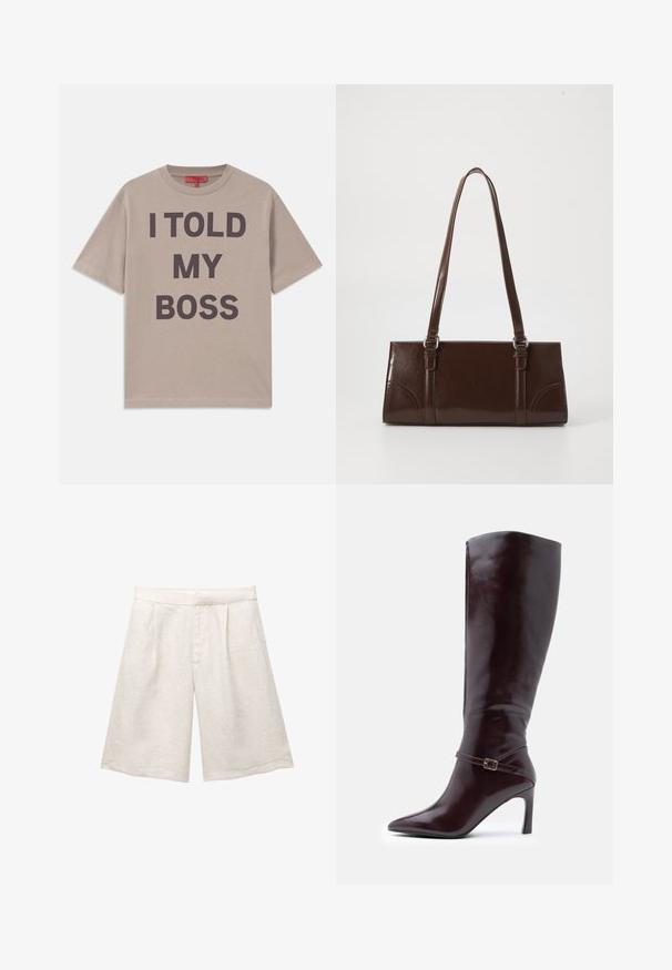 Beige Baumwoll-T-Shirt, kurze Ärmel, runder Halsausschnitt, mit fett gedrucktem dunklem Text: "ICH HABE MEINEM CHEF GESAGT" auf der Vorderseite.; Beige Leinenbermudas mit weitem Bein, versehen mit Vorderfalten und glattem Bund. Der Stoff hat eine leicht strukturierte Oberfläche.; Braune Lederstiefel bis zum Knie mit spitzem Zeh, Stiletto-Absatz und einem dekorativen Riemen mit Schnalle um den Knöchel. Glatte Textur.; Braune Lackleder-Handtasche in rechteckiger Form, mit zwei langen Griffen und subtilen, geschwungenen Akzenten auf der Vorderseite.