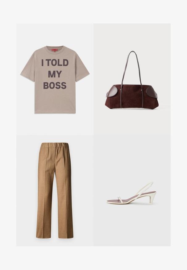 Beige cotton t-shirt, short sleeves, round neckline, featuring bold dark text: "I TOLD MY BOSS" printed prominently on the front.; Brown, textured trousers with a relaxed fit, featuring a wide leg and an elastic waistband. Tailored design with front pleats.; White slingback sandals with a slight heel, thin straps, and a smooth leather texture; features a small decorative buckle.; Brown suede bag with leather accents, structured shape, dual shoulder straps, and rounded edges, featuring a smooth texture and minimal hardware.