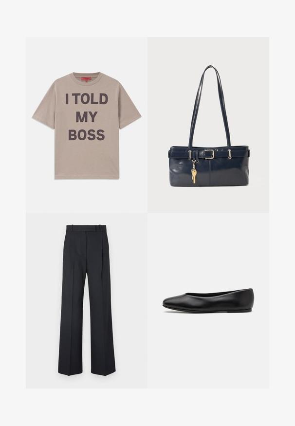 Beige cotton t-shirt, short sleeves, round neckline, featuring bold dark text: "I TOLD MY BOSS" printed prominently on the front.; Dark blue pinstriped trousers with a high waist, wide leg design, and no visible hardware or embellishments. Smooth texture and tailored fit.; Paul Smith TOPANGA - Ballet pumps - black; Navy leather handbag with two long handles, a buckle detail, and a keychain attached. Features a smooth texture and a rectangular shape.
