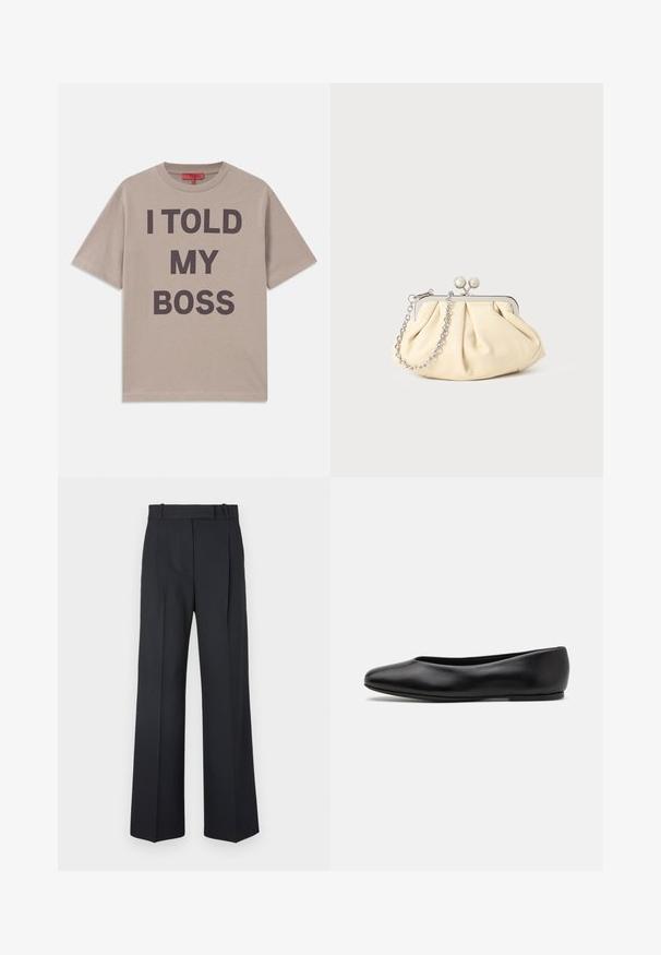 Beige pamut póló, rövid ujjú, kerek nyakkivágással, jellegzetes sötét szöveggel: "MONDTAM A FŐNÖKÖMNEK" felirattal, amely jól láthatóan van nyomtatva elöl.; Sötétkék csíkos nadrág magas derékkal, széles szárú kialakítással, látható fémrészletek vagy díszítések nélkül. Sima textúra és szabott fazon.; Paul Smith TOPANGA - Balerina cipők - black; Pleátolt bézs bőr válltáska ezüst fém kerettel, két kerek díszcsattal és ezüst lánc pánttal.