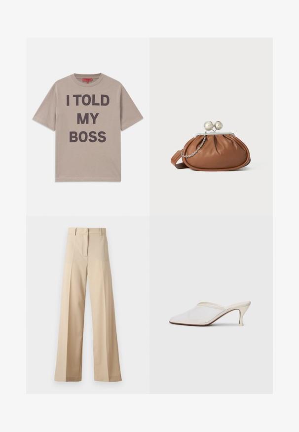Beige bomulds t-shirt med korte ærmer og rund halsudskæring, prydet med fed mørk tekst: "JEG SAGDE TIL MIN CHEF" trykt tydeligt på forsiden.; Beige bukser med vid ben lavet af blødt stof, med en flad foran med folder, lynlås og bæltestropper. Skræddersyet pasform generelt.; Hvide mesh spidse mule-sko med en slank hæl i mellem højde og slip-on design mod en ensfarvet baggrund.; Brun læder clutch-pung med sølv kugleklap og en lille sølv kædedetalje på en hvid baggrund.