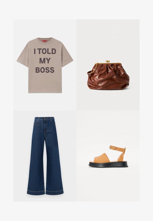 Camiseta de algodón beige, de manga corta, con cuello redondo, que presenta un texto oscuro y llamativo: "LE DIJE A MI JEFE" impreso de forma prominente en el frente.; Jeans de mezclilla azul de pierna ancha con una cintura alta, que cuentan con un cierre de botón, pasadores para cinturón y detalles de costura sutil a lo largo de los bolsillos y los dobladillos.; Sandalia de cuero marrón con un frente ancho, punta abierta, correa ajustable y una gruesa suela de plataforma negra. Textura suave y diseño minimalista.; Bolso de mano de cuero marrón con cierre de marco dorado y una corta cadena dorada, que presenta una suave textura arrugada sobre un fondo blanco.