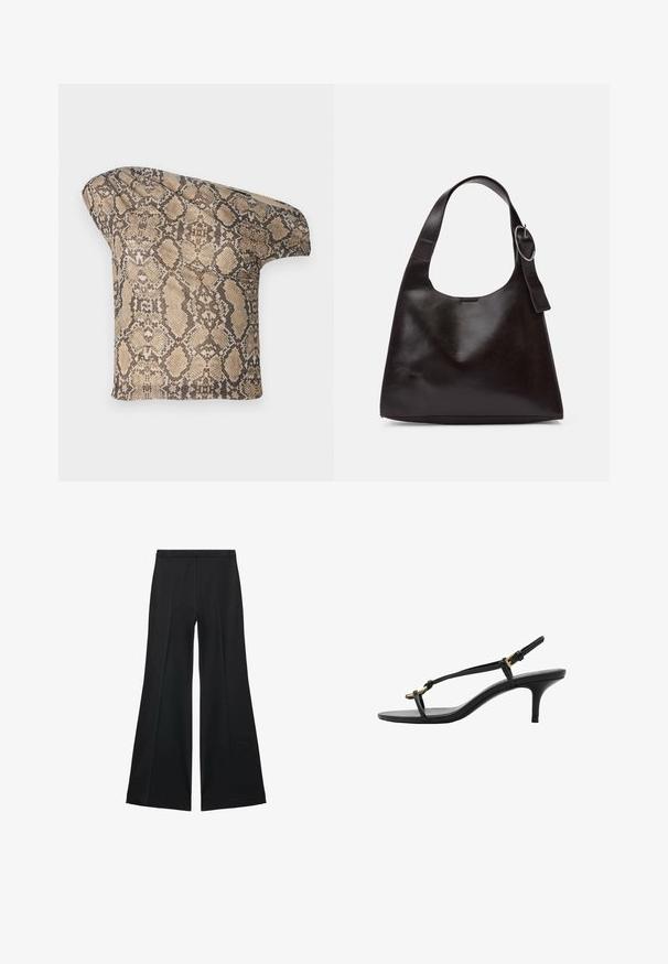 Textured, beige and brown snake skin-patterned fabric piece with an asymmetrical shape, designed for a unique, modern look.; Black wide-leg pants with a smooth texture, featuring front pleats and a tailored design. The fabric is lightweight and flowy.; Black leather kitten heel sandal with thin straps, gold buckle, and minimalist toe loop on a white background.; Brown leather shoulder bag with a smooth texture, rounded shape, wide strap, and circular metallic accent on the handle.