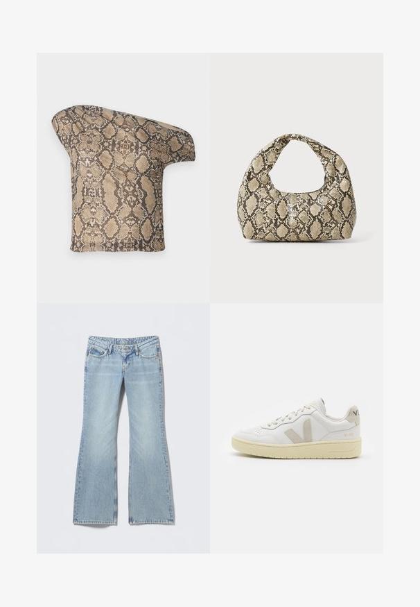 Tekstūruotas, smėlio ir rudos spalvos gyvatės odos rašto audinio gabalas su asimetrine forma, sukurtas unikaliam, moderniam įvaizdžiui.; Šviesiai mėlyni platėjančių blauzdų džinsai su išeikvotu efektu, penkių kišenių dizainas ir kontrastinė siūlė. Medvilniniai džinsai su lygiu paviršiumi.; Balti odiniai sportbačiai su kreminiais zomšos akcentais, perforuota pirštų dalimi, plokščiomis raišteliais ir struktūruota kreminėmis padomis. Ant kulno yra subtilus ženklinimas.; Gyvatės rašto rankinė su kreiviu rankenėle. Pagaminta iš tekstūruotų smėlio ir rudos spalvos medžiagų, su išskirtiniu rombo raštu.