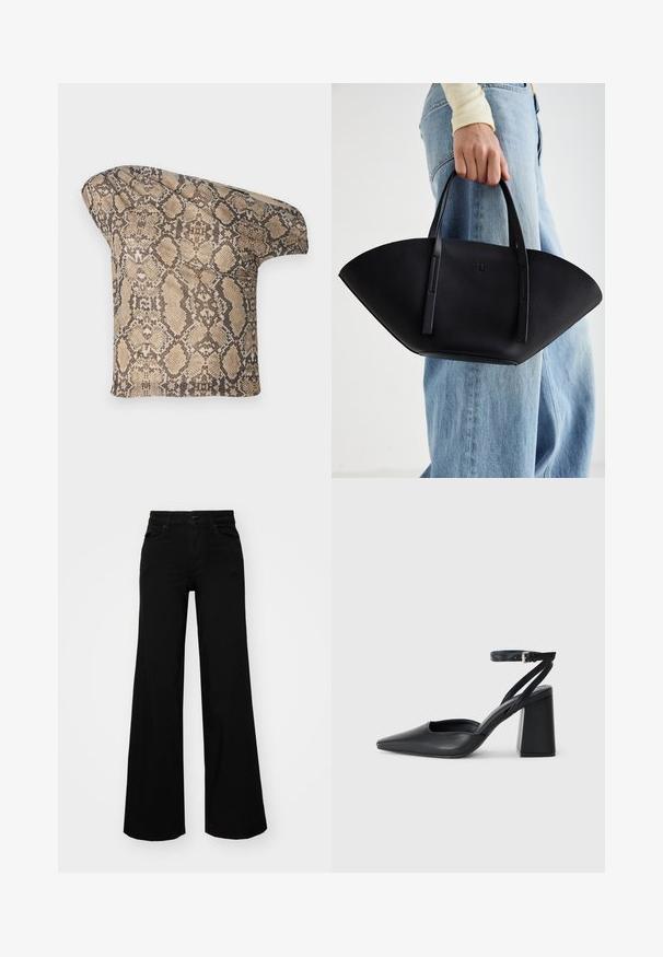 Textured, beige and brown snake skin-patterned fabric piece with an asymmetrical shape, designed for a unique, modern look.; Black wide-leg pants made of denim, featuring a structured waistband, belt loops, and front pockets. Smooth texture with a classic design.; Black leather pointy-toe pump with an ankle strap and a chunky heel. Flat texture, sleek design, and minimalistic aesthetics.; Black leather handbag with a unique fan shape, featuring flat handles. The surface has a pebbled texture and a minimalistic design.