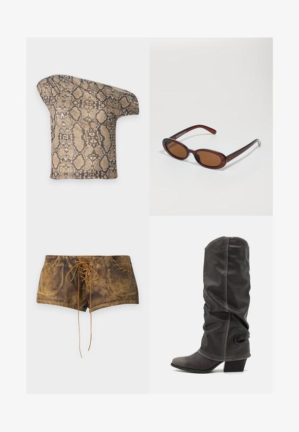 Pâslă texturată, cu un model de piele de șarpe în nuanțe de bej și maro, având o formă asimetrică, concepută pentru un aspect unic și modern.; Shorts marron cu șireturi, cu o suprafață texturată și șireturi bej contrastante. Caracteristici include ochiuri și un design ajustat pentru un aspect strâns.; Botine din piele gri, cu înălțime până la gambe, design lejer, vârf ascuțit și toc stivuit. Detalii de cusătură notabile în zona vârfului.; Ochelari de soare rotunzi, cu nuanțe de brown și cu un cadru lucios de burgund. Brațe subțiri cu detalii subtile de branding. Design cu lentile plate.; Geantă cu imprimeu de șarpe, având un mâner curbat. Fabricată din materiale texturate, bej și maronii, cu un model distinctiv în formă de diamant.