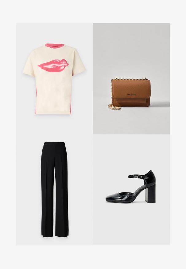 Baumwoll-T-Shirt in Creme mit einem pinken Lippenmotiv in der Mitte. Mit einem kontrastierenden pinken Ausschnitt und kurzen Ärmeln. Minimalistisches Design.; Schwarze weite Hosen mit einer glatten Textur, ausgestattet mit einem hohen Bund und mittleren Falten. Keine sichtbaren Muster oder Hardware-Details.; Schwarze patentierte Leder-High Heels mit quadratischer Zehenform, Knöchelriemchen und dicker Absatz. Enthält durchbrochene Details entlang des Randes.; Braune strukturierte Ledertasche mit goldener Kettenriemen und Klappenverschluss. Die Vorderseite zeigt ein Logo-Detail und eine Tasche unter der Klappe.