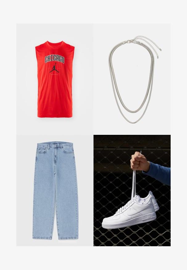 Punane ilmaühendustega spordisärk, millel on must "CHICAGO" tekst ja must Nike Air Jordan logo, mis on teksti all keskel. Sujuv, kerge kangas.; Heled sinise denimi sirgete põlvede lõikega teksad, millel on keskmise kõrgusega vöökoht, viis taskut ning nööbid ja tõmblukk.; Valged nahast tennisetossud, millel on perforatsioonid, ümar nina, lame tallus ja paksud nöörid, nähtava swooshi logoga ja "AIR" kontsadel.; Kolmekihiline hõbedane metallkaelakee, mis on valmistatud peentest, paindlikest kettidest kerge läikega, kinnitatud krabi sulguri ja reguleeritava ketiga.