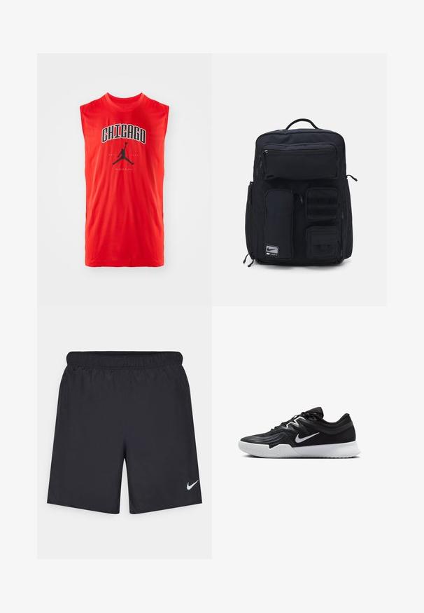 Tricou sport roșu fără mâneci, cu text negru "CHICAGO" și un logo negru Nike Air Jordan centrat sub text. Material neted, ușor.; Pantaloni scurți atletici negri, fabricați dintr-un material ușor, cu un talie elastică. Au un mic logo alb Nike în partea stângă jos.; Pantof sport negru cu un superior texturat, swoosh alb Nike și o tălpică din cauciuc alb. Dispune de un design cu șireturi și o formă dinamică.; Rucsac negru realizat dintr-un material durabil. Dispune de mai multe buzunare cu fermoar, inclusiv un compartiment frontal, și zone cu velcro pentru atașamente.