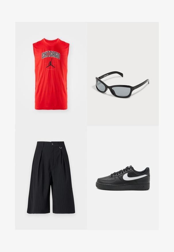 Red sleeveless athletic shirt featuring black "CHICAGO" text and a black Nike Air Jordan logo centered below the text. Smooth, lightweight fabric.; Black pinstripe shorts with pleats, a button closure, and a metal ring accent. Smooth fabric with a tailored fit and knee-length design.; Black Nike Air Force 1 sneakers with a smooth leather upper, white logo accent, perforated toe, and textured rubber sole.; Black sunglasses with a sleek, angular design. Features grey lenses and shiny plastic frames. Includes small metal accents and branding on the arm.