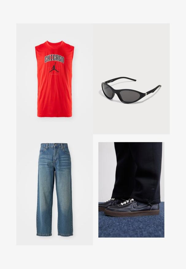 Rød ermeløs treningsskjorte med svart "CHICAGO" tekst og en svart Nike Air Jordan-logo sentrert under teksten. Behagelig, lett stoff.; Lyseblå denim bukser med vide ben og høy midje, fem lommer og en lett falmet finish. Har knapp- og glidelås-lukkning.; Nike Sportswear KILLSHOT 2 LTR PRM OPP2 - Joggesko - black sail baroque brown mtlc dk grey; Sorte katteøye-solbriller med elegante, matte rammer, mørke linser og sølvdetaljer på templene. Moderne design med en skarp form.