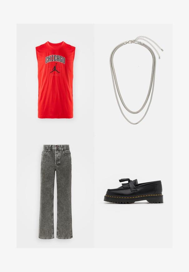 Punane ilmaühendustega spordisärk, millel on must "CHICAGO" tekst ja must Nike Air Jordan logo, mis on teksti all keskel. Sujuv, kerge kangas.; Laiad sääred teksad tuhmmust mustast denimist, millel on nupuvärk, viie-taskuline disain ja kontrastsed õmblused õmbluste mööda.; Mustmust musta loafer, millel on frantsiisi aktsent, paks must tald ja kollane õmblus servas. Tekstuuriga viimistlus.; Kolmekihiline hõbedane metallkaelakee, mis on valmistatud peentest, paindlikest kettidest kerge läikega, kinnitatud krabi sulguri ja reguleeritava ketiga.