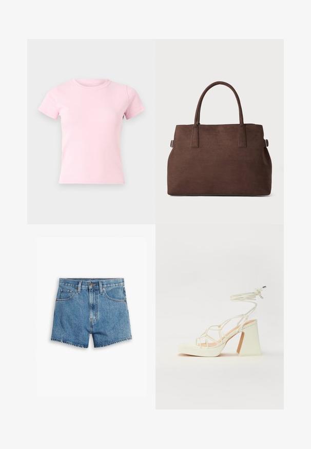 Short-sleeve pink t-shirt made of cotton. Features a round neck, fitted design, and smooth texture. No patterns or accents present.; Denim shorts in light blue, featuring five pockets, a zip fly, and a button closure. The hem is frayed with a relaxed fit design.; White high-heeled sandal with a chunky heel, featuring a strappy design and ankle tie. Smooth texture with a platform front for added height.; Brown faux suede tote bag with two sturdy handles, a structured shape, and minimalistic design, featuring subtle stitching accents.