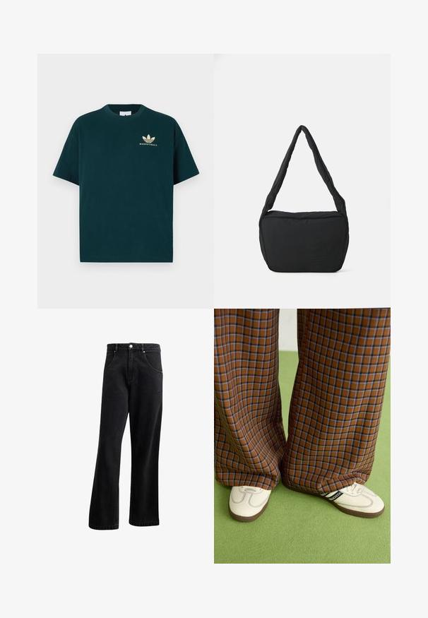 Tumši zaļš kokvilnas T-krekls ar apaļu izgriezumu, īsām piedurknēm un zeltītā krāsā iespiestu logotipu, kurā ir trīs lapas un vārds "BASKETBALL".; Melnas džinsu auduma bikses ar taisnu kāju dizainu, kas piedāvā priekšējās kabatas, pogu aizdari un nelielu tekstūru. Iekļauta smalka logotipa detaļa.; Brūni un zili rūtaini platās kājas bikses, kas savienotas ar baltām kurpēm ar melniem akcentiem un teksturētām zolēm, uz zaļa fona.; Melnas plecu soma ar mīkstu tekstūru, apaļu formu un plašu siksnu, ar uzspiestu logotipu priekšpusē.