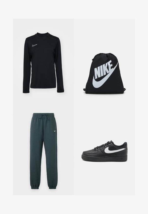 Maglietta atletica nera a maniche lunghe realizzata in tessuto liscio, con scollatura tonda e un piccolo logo Nike bianco sul lato sinistro superiore.; Pantaloni jogger Nike di colore verde scuro, realizzati in tessuto morbido, con una vita elastica dotata di cordino regolabile e bordi a costine.; Sneaker Nike Air Force 1 nere con tomaia in pelle liscia, accentuato da un logo bianco, punta perforata e suola in gomma testurizzata.; Sacchetto di pelle nera con un grande logo Nike bianco. Realizzato in tessuto leggero con una texture liscia e forma arrotondata.