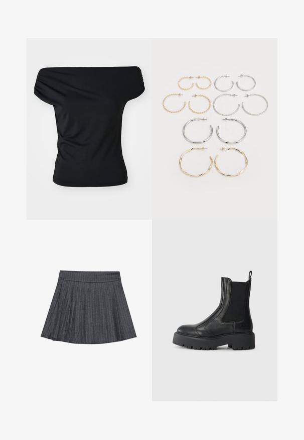 Černý top bez ramínek vyrobený z elastického materiálu. Obsahuje nařasené detaily na ramenech, přiléhavý střih a jednobarevný design.; Šedá sukně ve stylu skater s jemným páskem, rozšířeným A-liniovým tvarem a měkkou texturou látky. Vertikální pruhy umocňují vizuální zajímavost.; Černé kožené kotníkové boty s elastickými postranními panely, zaoblenou špičkou a masivními texturovanými gumovými podrážkami. Disponují poutkem na zadní straně.; Sada dvanácti náušnic ve tvaru kruhu ve stříbrných a zlatých tónech. Obsahuje zkroucené, hladké a texturované designy v různých velikostech a povrchových úpravách.