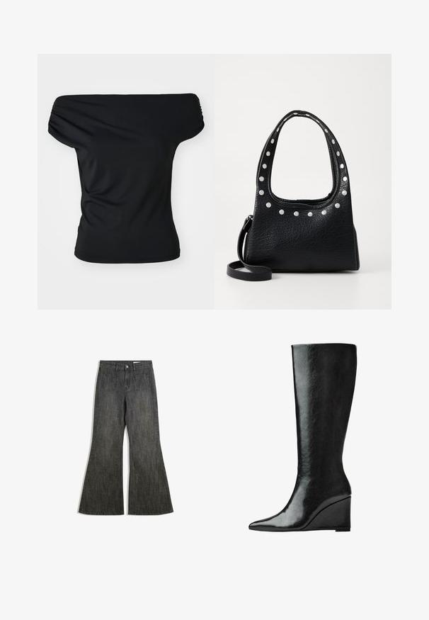 Černý top bez ramínek vyrobený z elastického materiálu. Obsahuje nařasené detaily na ramenech, přiléhavý střih a jednobarevný design.; Černé rozšířené džíny s vyšším pasem, obsahující dvě přední kapsy a dvě zadní kapsy, vyrobené z texturované denimu.; Černé kožené boty do půlky lýtek s úzkou, špičatou špičkou a klínovým podpatkem. Povrch je hladký s lesklým finišem.; Černá kožená kabelka s texturou, se stříbrnými hroty podél horního okraje a na držadlech, vybavená krátkým uchem a odnímatelným popruhem.