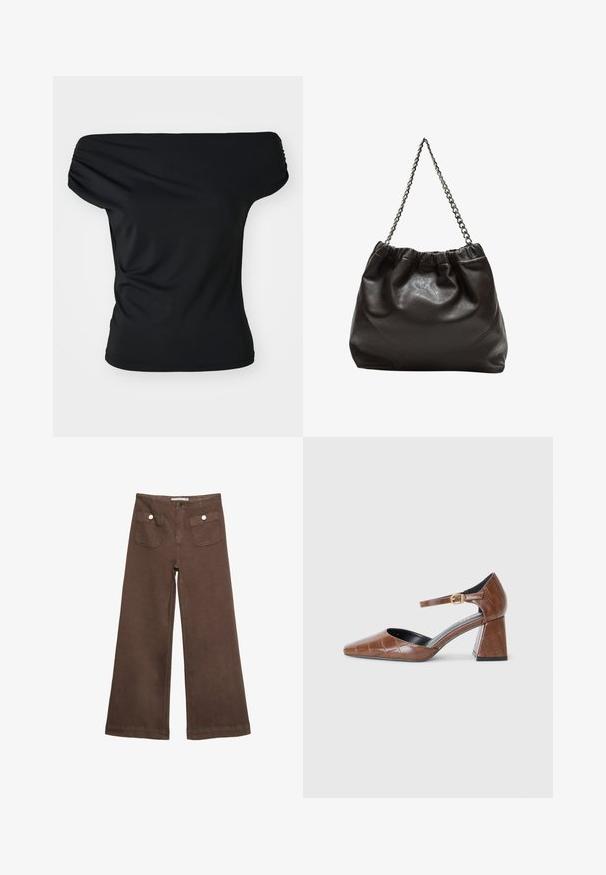 Črn top brez naramnic, izdelan iz raztegljivega materiala. Ima nabran detajl na ramenih, prilegajoč silhueto in enobarvno zasnovo.; Svetlo rjave široke hlače iz bombaža, ki vključujejo dva sprednja žepa s srebrnimi gumbi in gladko teksturo.; Rjavi lakirani čevlji na visoki peti z kvadratnim toejem, teksturiranim krokodilnim vzorcem, trakcem okoli gležnja z zlatim zaponko in debelim petom.; Rjava usnjena torba z nabranim vrhom in verižnim trakom. Gladka tekstura z sijajno površino in subtilnimi šivi na straneh.