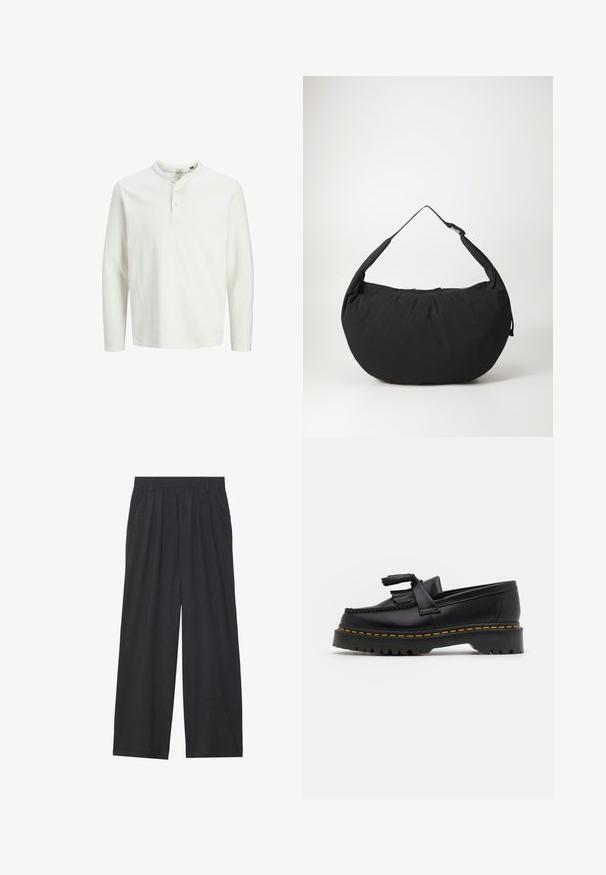 Weißes Langarm-Henley-Shirt mit drei Knöpfen und rundem Ausschnitt, auf einem schlichten weißen Hintergrund präsentiert.; Weit geschnittene Hosen aus dunkelgrauem Stoff. Merkmale sind Falten an der Taille, ein maßgeschneiderter Schnitt und eine gerade Silhouette.; Schwarze Lederloafers mit einem fransenverzierten Akzent, ausgestattet mit einer robusten schwarzen Sohle und gelber Naht entlang der Kante. Texturierte Oberfläche.; Schwarze Schultertasche aus Stoff mit geschwungener Form, ausgestattet mit einem einzigen Tragegurt und einem Reißverschluss. Weiche Textur, minimalistisches Design.