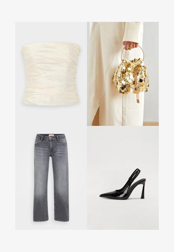 Trägerloses Oberteil aus elfenbeinfarbenem Satin, mit gerafftem Textur und glatter Oberfläche, in einer weiten, strukturierten Silhouette.; Graue Jeans aus Denim mit geradem Bein, fünf Taschen, dezentem Verblassen und einem Knopfverschluss in der Taille.; Schwarze Lackleder Slingback-Pumps mit spitzem Zehenbereich, schlankem hohen Absatz und doppeltem elastischen Riemen für einen sicheren Sitz. Glatte, glänzende Oberfläche.; Goldfarbene Drawstring-Handtasche mit einem runden Griff, verziert mit glänzenden runden Pailletten und einem strukturierten Stoff. Abmessungen sind nicht angegeben.; Silberne Creolen mit polierter Oberfläche, die kleine goldene Akzentdetails und eine runde Form aufweisen, am Ohrläppchen getragen.