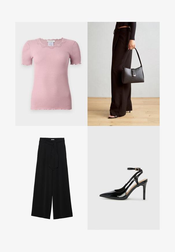 Rozā ribota īsām piedurknēm T-kreklu ar viļņotu mežģīņu apkakli un neapstrādātiem piedurkņu malām, izgatavots no mīksta, elastīga materiāla.; Melni platleņķa bikses ar teksturētu audumu, elastīgu jostu un noņemamu siksnu viduklī, kas nodrošina regulējamu piegulšanu.; Melna lakota ādas augstpapēžu kurpe ar norādīto purngalu, regulējamu potītes siksniņu un atvērtām pusēm. Gluda tekstūra.; Melnā somiņa ar strukturētu formu, gludu tekstūru un metālu sprādzi. Saskaņota ar platām melnām biksēm un sandālēm ar atvērtu purngalu uz koka grīdas.