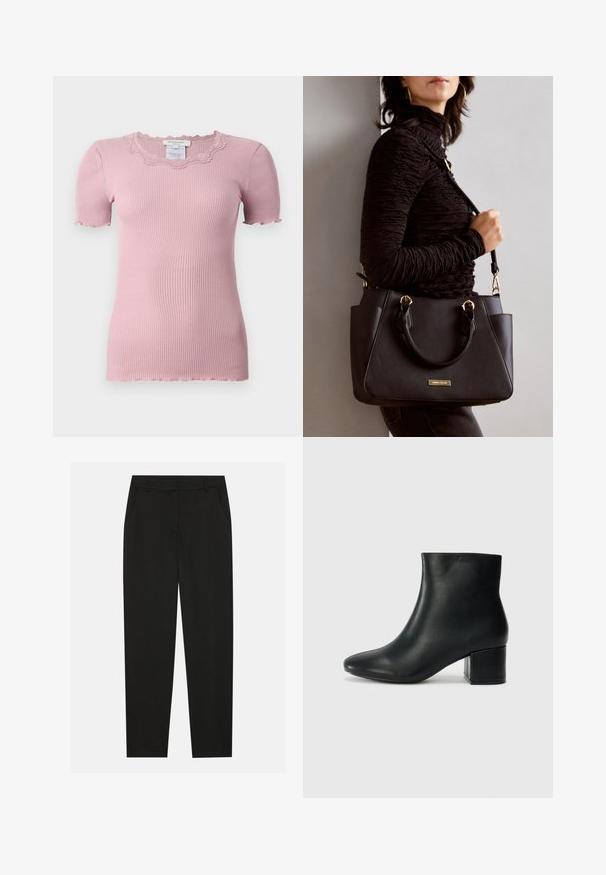 Rosa stripet t-skjorte med korte ermer som har en scalloped blondekrage og råkantede ermekanter, laget av et mykt og elastisk materiale.; Sorte bukser med skreddersydd design, med sidelommer og rett ben. Laget av glatt, lett stoff med en elegant finish.; Sorte skinn ankelsko med spiss tå og chunky hæl. Glatt tekstur med minimale detaljer og et elegant, tettsittende design.; Svart håndveske med teksturert overflate, doble topphåndtak og justerbar skulderrem. Har detaljer i gulltone og sidelommer.