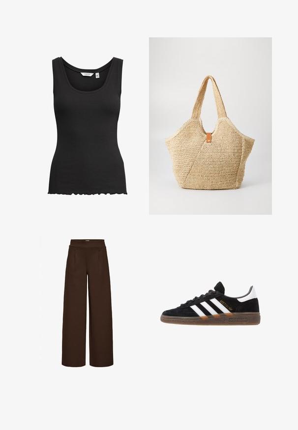 Top sin mangas de rayas negras con escote redondo y dobladillo de ondas. Hecho de un tejido elástico, cuenta con tirantes anchos para mayor comodidad.; Pantalones amplios marrones hechos de un tejido suave, con una cintura alta y dos pliegues frontales, diseñados para un ajuste holgado.; Zapatilla negra de Adidas con franjas blancas, texto dorado "Spezial", suela de goma y talón blanco, mostrada en vista lateral.; Gran bolsa de paja con un exterior texturizado en color beige y dos asas anchas. Presenta una correa de acento de cuero para el cierre.