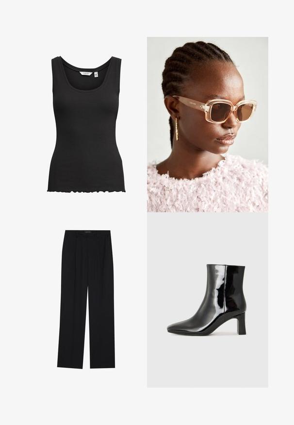 Melna ribota bezpiedurkņu blūze ar apaļu dekoltē un viļņotu apakšmali. Izgatavota no stiepjamā auduma, tai ir plašas plecu siksnas komfortam.; Melni bikses ar taisnu kāju dizainu, kurām ir divi priekšējie kabatas un jostasvieta. Izgatavotas no gludas, vieglas auduma.; Melnas patentētas ādas potīšu zābaki ar norādītu pirkstu un vidēja augstuma kvadrātveida papēdi. Gluda tekstūra un minimālisma dizains.; Beige pārspīlētas saulesbrilles ar caurspīdīgu rāmi un brūnām tonētām lēcām, ar smalkām ziedu akcentiem un izteiksmīgu ģeometrisku dizainu.