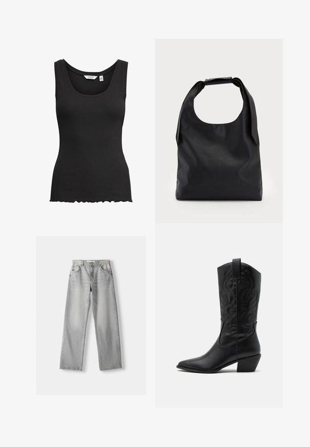 Top a canotta nero a coste con scollatura rotonda e orlo scallop. Realizzato in tessuto elasticizzato, presenta spalline larghe per un comfort ottimale.; Jeans in denim grigio chiaro con design a gamba dritta, dotati di due tasche anteriori, chiusura con bottone e una leggera scoloritura per texture.; Stivale da cowboy in pelle nera con punta affusolata, motivi ondulati in rilievo e tacco di altezza media. Dotato di un pratico passante per indossarlo facilmente.; Borsa hobo in pelle nera con un manico unico, morbido e arrotondato; presenta una texture liscia e un design minimalista. Nessun hardware o accenti visibili.