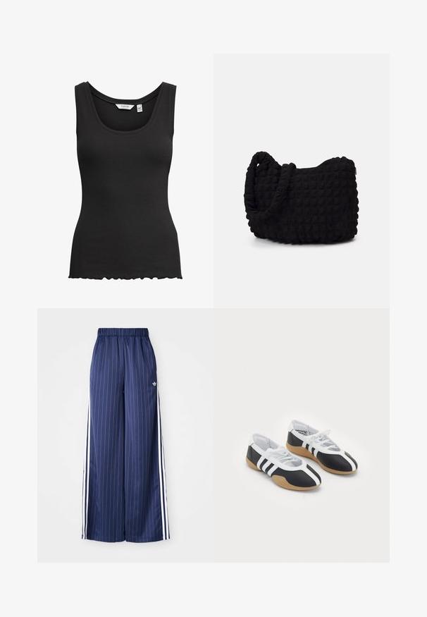 Black ribbed tank top with a round neckline and scalloped hem. Made of stretchy fabric, it features wide shoulder straps for comfort.; Navy blue wide-leg pants with vertical white stripes, elastic waistband, and three white stripes along each side, made from a lightweight material.; Black and white athletic shoes with a sleek design, rubber sole, lace-up closure, and three white stripes on the sides.; Black fabric bag with a textured, quilted pattern. Rounded shape, short, thick handles, and a soft, flexible structure.
