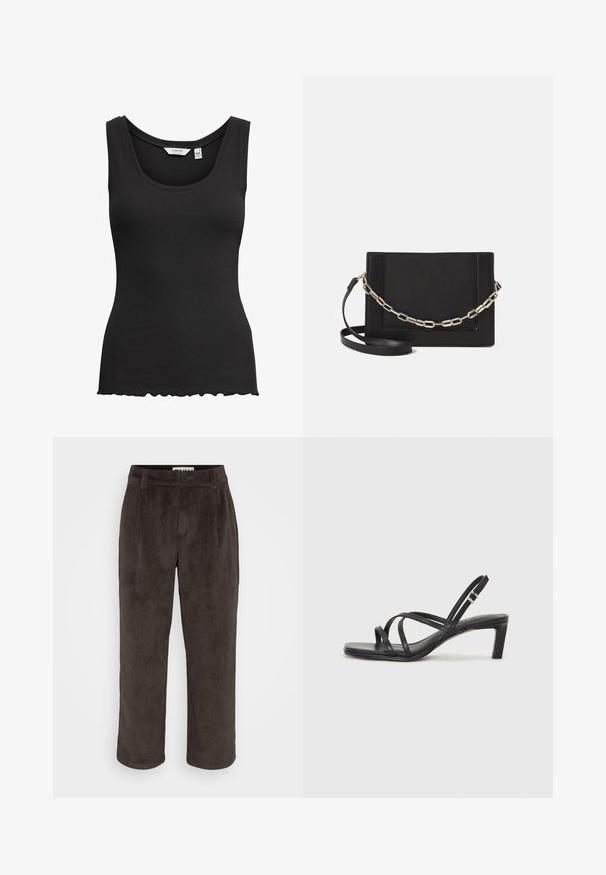 Čierny rebrovaný top na ramienka s okrúhlym výstrihom a vlnitým lemom. Vyrobený z elastického materiálu, má široké ramienka pre pohodlie.; Hnedé kordúrové nohavice s rovnými nohavicami, jemnou textúrou a predným zapínaním na gombík so bočnými vreckami.; Čierne sandále na vysokom podpätku so štvorcovou špičkou a nízkym blokovým podpätkom. Obsahujú viacero tenkých popruhov a nastaviteľný členkový popruh. Vyrobené z hladkej kože.; Čierna kožená crossbody taška s hladkou textúrou, obdĺžnikovým tvarom a kovovým reťazovým detailom na prednej strane. Súčasťou je nastaviteľný popruh.