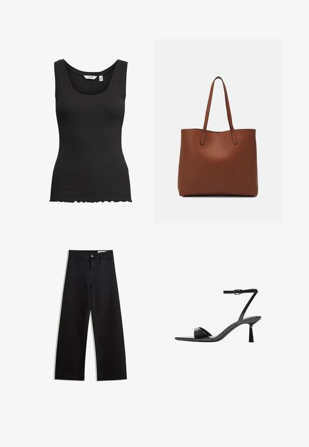 Black ribbed tank top with a round neckline and scalloped hem. Made of stretchy fabric, it features wide shoulder straps for comfort.; Black wide-leg denim pants with a high waist, featuring front and back pockets, stitched seams, and a button closure. Smooth texture.; Bershka High heeled sandals - black; Brown leather tote bag with a smooth texture, open top design, and two shoulder straps. Features minimal stitching and no visible hardware.