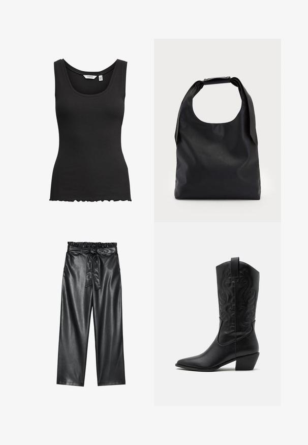 Schwarzes, geripptes Tanktop mit runder Ausschnitt und gewelltem Saum. Hergestellt aus elastischem Stoff, bietet es breite Träger für hohen Tragekomfort.; Schwarze weite Hosen aus Kunstleder mit einem elastischen, rüschierten Bund und einem abnehmbaren Bindegürtel. Glatte Textur und minimaler Glanz.; Schwarze Leder-Cowboy-Stiefel mit spitzem Zeh, geprägten, wirbelnden Mustern und einem mittelhohen Absatz. Mit einem Zuglasche für einfaches An- und Ausziehen.; Schwarze Leder-Hobo-Tasche mit einem einzelnen, weichen, abgerundeten Griff; verfügt über eine glatte Textur und ein minimalistisches Design. Keine sichtbaren Beschläge oder Akzente.; Silberne Creolen mit polierter Oberfläche, die kleine goldene Akzentdetails und eine runde Form aufweisen, am Ohrläppchen getragen.