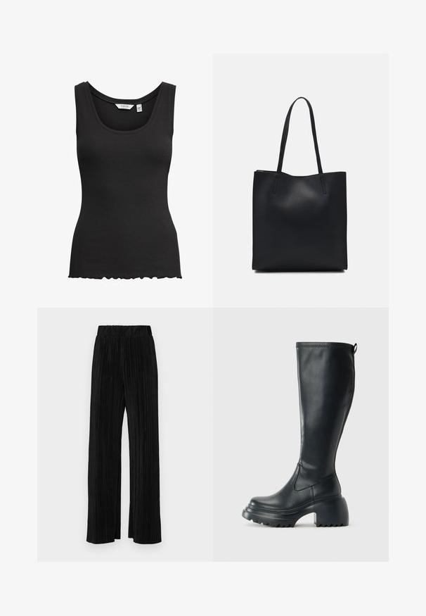 Melna ribota bezpiedurkņu blūze ar apaļu dekoltē un viļņotu apakšmali. Izgatavota no stiepjamā auduma, tai ir plašas plecu siksnas komfortam.; Melni plīšu bikses ar elastīgu jostu. Tām ir platākas kājas un gluda, teksturēta auduma ar vertikālām svītrām.; Augstas melnas ādas zābakus ar masīvu platformu un bloka papēdi, ar vilkšanas cilpu un strukturētu profilu uz ārējā zoles.; Melnas ādas somiņa ar gludu tekstūru, taisnstūra formu un divām garām rokturiem. Nav redzamu aparatūras vai rotājumu.