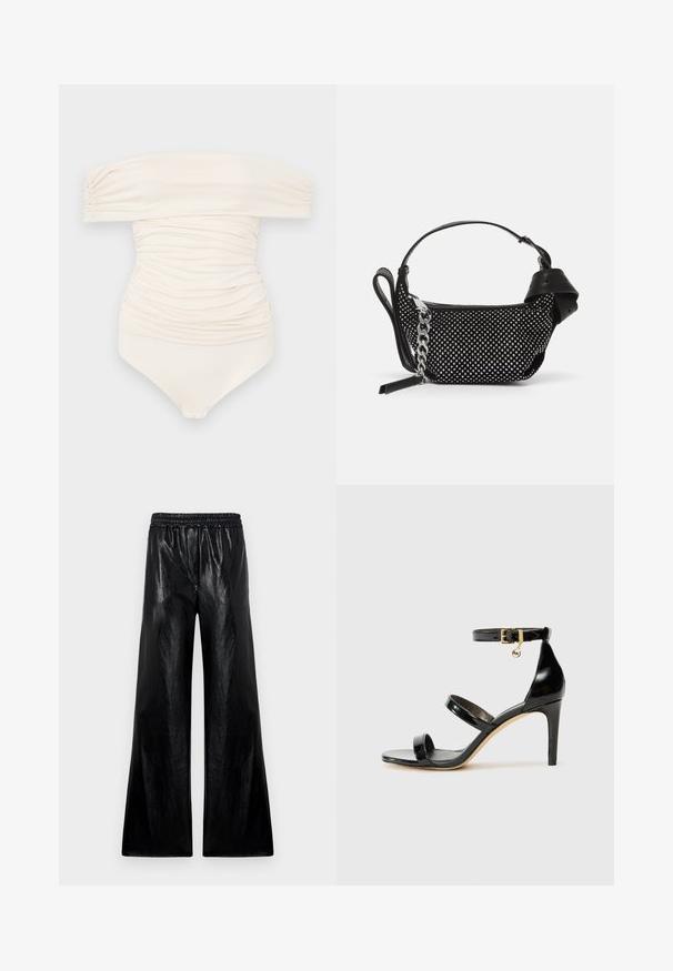 Kupanje bez naramenica u krem boji s naboranim dizajnom, s glatkom teksturom i kopčanjem na dnu.; Hlače širokih nogavica od sjajnog crnog materijala s elastičnim pojasom. Tkanina ima glatku teksturu i blagi sjaj.; Crne lakirane kožne sandale s tri trake, kopčom na zapešću i potpeticom od 10 cm. Sadrže zlatne detalje i privjesak s logotipom.; Crna torbica s ukrasima od studenaca, lančanim remenom i glatkom kožnom drškom, zaobljenog oblika i zatvorenim odjeljkom na zip.