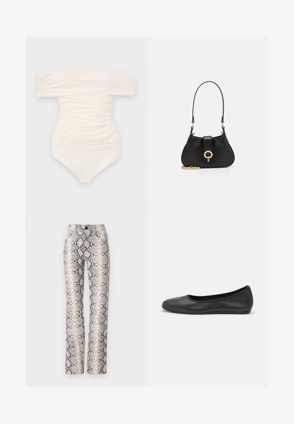 Uimapuku, jossa on olkaimeton muotoilu, kremmivärinen ja rypytetty, sileä pinta sekä napitus alaosassa.; Harmaa ja beige käärmeennahkakuosiset housut. Suora lahjamalli, jossa on tekstuuri ja etutaskut. Varustettu napin sulkemisella.; Musta nahkainen ballerina, jossa on pyöristetty kärki, sileä pinta, minimaalinen ommelkoristelu ja joustava pohjamuotoilu.; sandro JANET - Käsilaukku - noir