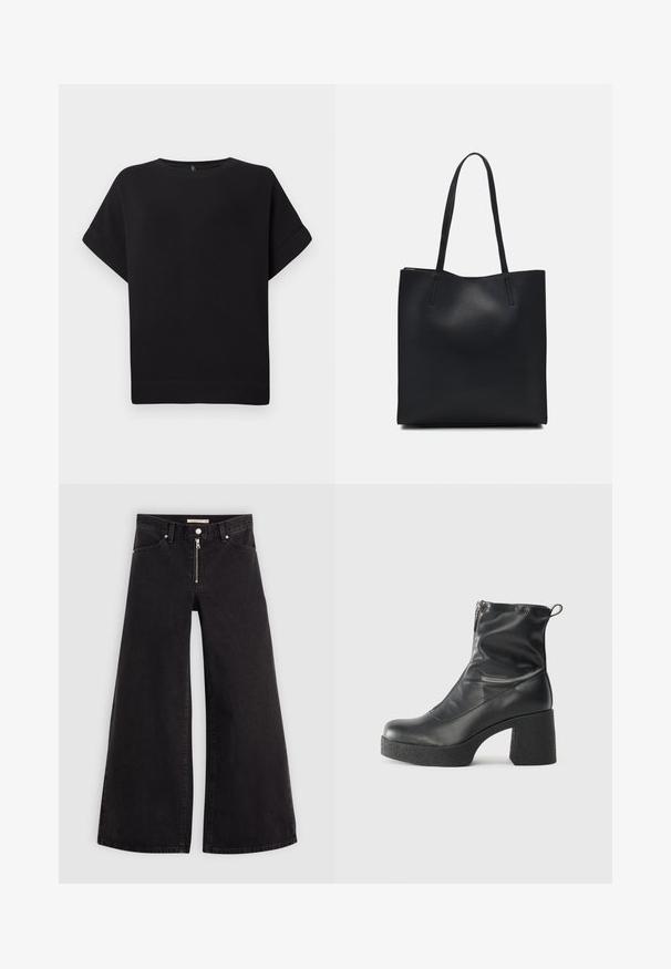 Svart kortermet t-skjorte laget av myk stoff, med rund hals og avslappet passform, med sydd kant og ingen synlige mønstre.; Vide benbukser i sort denim med glidelås i front, fem-lomme design og subtile sømdetaljer. Glatt tekstur og avslappet stil.; Svarte ankelstøvler laget av glatt lær, med glidelås på siden, chunky strukturert hæl, og rund tå-design.; Svart lær tote bag med glatt tekstur, rektangulær form og to lange håndtak. Ingen synlige deler eller dekorasjoner.