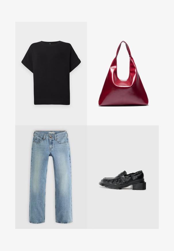 Juoda trumpa rankovė marškinėliai, pagaminti iš minkštos medžiagos, su apvaliu iškirpimu ir laisvu siluetu, su siūlėmis apačioje ir be matomų raštų.; Šviesiai mėlynos tiesios kojos džinsai, pagaminti iš džinsinio audinio, su sagtimi priekyje, penkiomis kišenėmis ir švelniu išblukimu palei kojas.; Juodos odinės loafer bateliai su struktūrizuotu padu, turintys šiek tiek pakeltą bloko kulną ir tekstūruotą viršutinę dalį, užsegamus priekiniais dirželiais.; Raudona blizganti odinė rankinė, turinti trikampio formą, plačią viršutinę angą ir vieną lenktą rankeną. Lygi tekstūra su minimaliu siuvimo detalėmis.; Dvylikos sidabrinių ir auksinių auskarų su kilpomis rinkinys. Apima sukurtas, lygias ir tekstūruotas formas, turinčias įvairius dydžius ir apdailas.