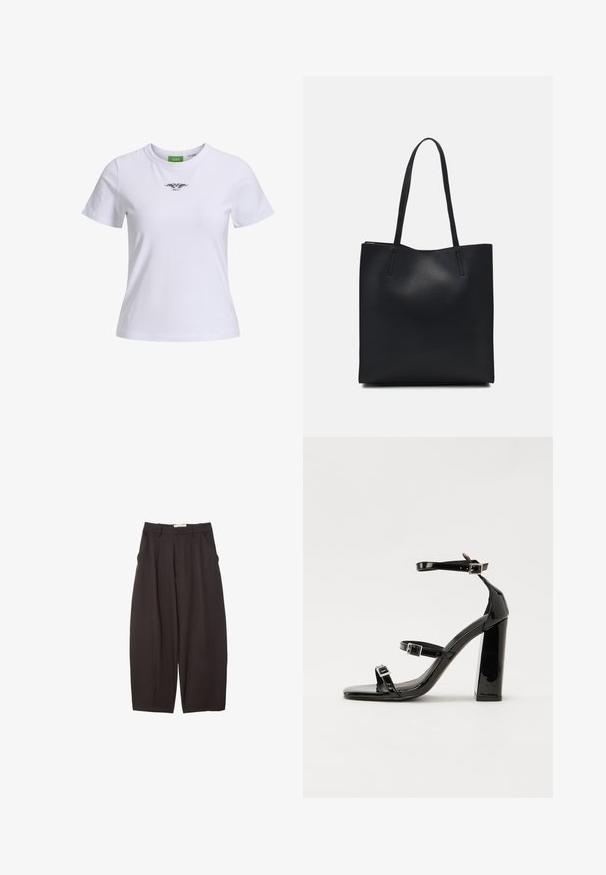 Bijela pamučna majica s ovratnikom, kratkim rukavima, s crnim grafičkim dizajnom na prednjoj strani. Jednostavan, klasičan kroj.; Crne široke hlače napravljene od glatke tkanine, s visokim strukom, prednjim nabranjima i bočnim džepovima. Jednostavan dizajn bez ukrasa.; Crne lakirane sandale na pete sa kvadratnim nosom, trakama oko gležnja i srebrnim kopčama. Imaju čvrst blok petu za stabilnost.; Crna kožna torba za nošenje s glatkom teksturom, pravokutnim oblikom i dvije duge ručke. Nema vidljivih metalnih dijelova ili ukrasa.