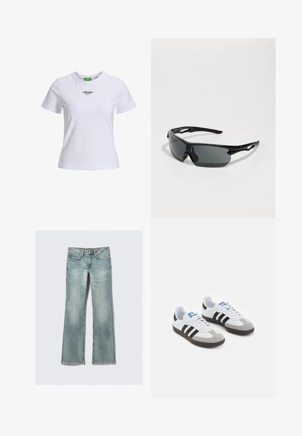 Hvit bomulls t-skjorte med rund hals og korte ermer, med et svart grafisk design på forsiden. Enkel, klassisk passform.; Lys blå denimjeans med lett falming, fem lommer, glidelås, og rette ben på hvit bakgrunn.; Sportssko med en hvit skinnoverdel, grå semsket tå og tre svarte striper. Har en blå logo på tungen og en teksturert gummisåle.; Sorte sports solbriller med buede linser, lett plastramme og teksturerte stenger. Strømlinjeformet design med integrert nesepuss.; Svart vevd skinnveske med en slapp design, som har et knyttet stropp og en liten dekorativ gullnagle på toppen.