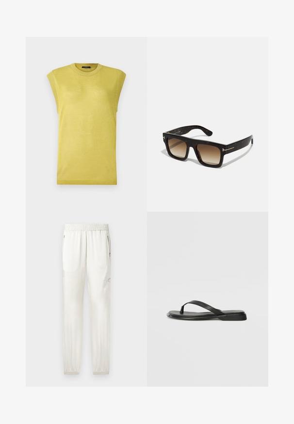 Mouwloos gele gebreide top met een ronde halslijn, voorzien van een licht gestructureerde stof en ribbelaccenten op de schouderranden.; Lichtgekleurde joggers met een elastische tailleband, taps toelopende boorden, zijzakken en ritssluitingen. Gladde, licht glanzende stofafwerking.; Zwarte teenflip-flop van glad leer, met een dunne band en een platte zool met een minimalistisch profiel. Geen opvallende patronen of accenten.; Schildpad zonnebril met een vierkant frame, een verloop van bruine lenzen en subtiele gouden hardwareaccenten op de slapen.; Bruine suede tote bag met twee zachte handvatten, een verticale band met een zilveren accent en een brede, open bovenkant. Gladde textuur, minimalistisch ontwerp.