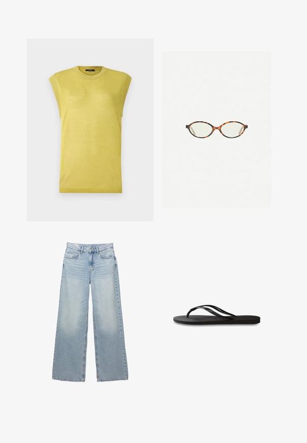 Bezramenný žlutý pletený top s kulatým výstřihem, s jemně texturovanou tkaninou a žebrovanými akcenty na okrajích ramen.; Světle modré, široké džíny vyrobené z denimu. Obsahují pět kapes, poutka na opasek a zapínání na knoflík. Vybledlý vzhled s jemným efektom opotřebení.; Černé žabky s texturovanou gumovou podrážkou, dvěma štíhlými popruhy a jemným, embosovaným logem na popruhu.; Želvovinové brýle s oválnými čočkami a hladkým, jemným povrchem. Má tenké bočnice s jemným zakřivením v chrámcích. Čiré čočky.