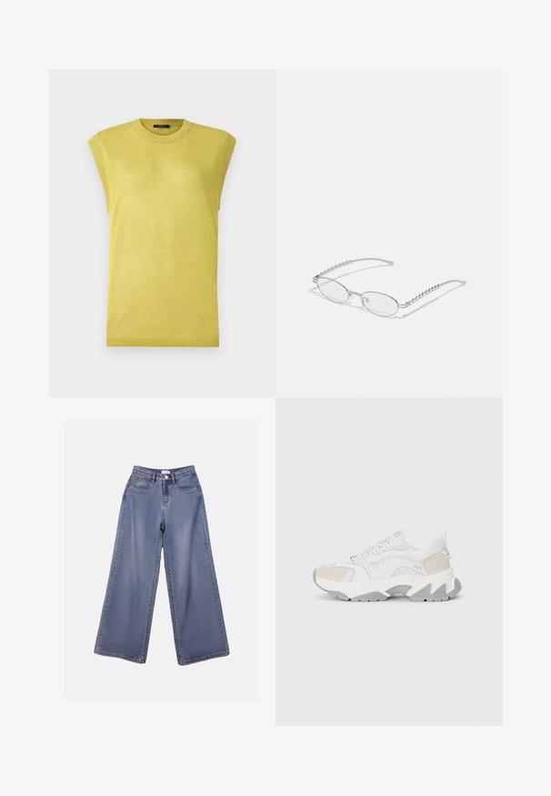 Sleeveless yellow knit top with a round neckline, featuring slightly textured fabric and ribbed accents on the shoulder edges.; Wide-leg denim jeans in a light blue wash, featuring a high waist, front pockets, and a button closure with belt loops.; Chunky white sneakers with grey accents, mesh and synthetic materials, rounded toe, textured side panels, and a thick rubber sole.; Oval glasses with a metallic silver frame, clear lenses, and textured beaded temple accents. Lightweight design with curved arms.